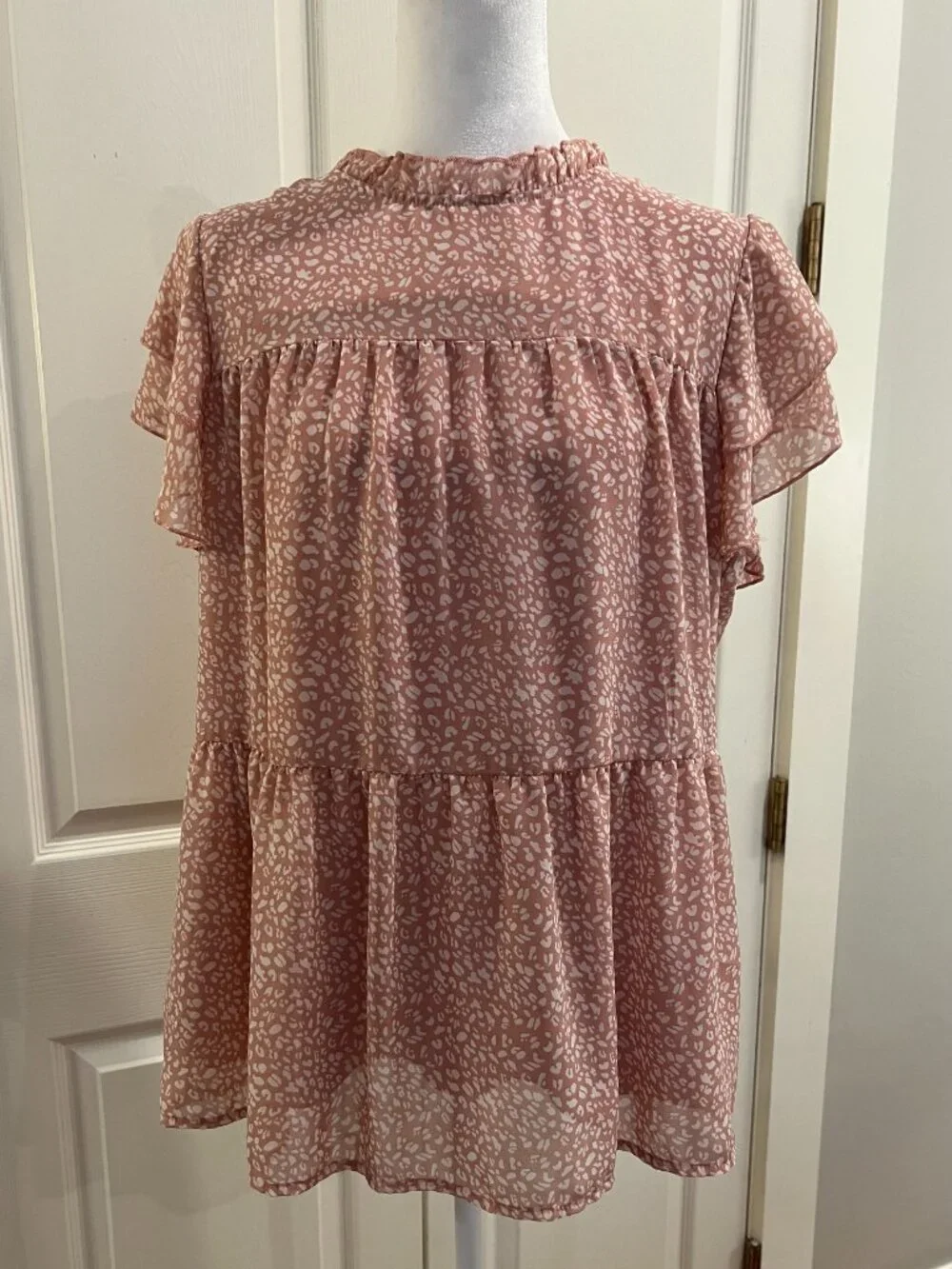 PRETTYGARDEN Pink Floral Chiffon Mock Neck Blouse Size M
